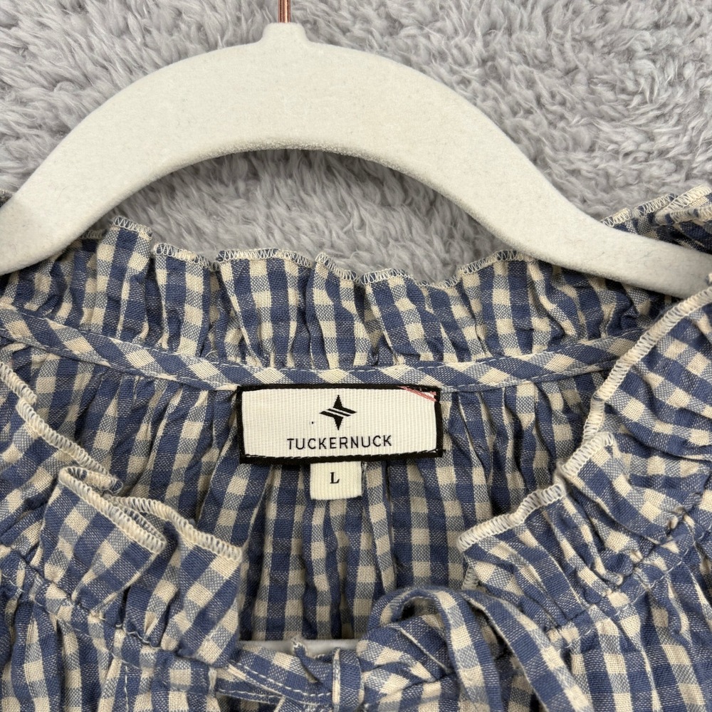 Tuckernuck Beach Cassis Prism Embroidered Gingham Top Size L Navy Blue White Red - Picture 5 of 8